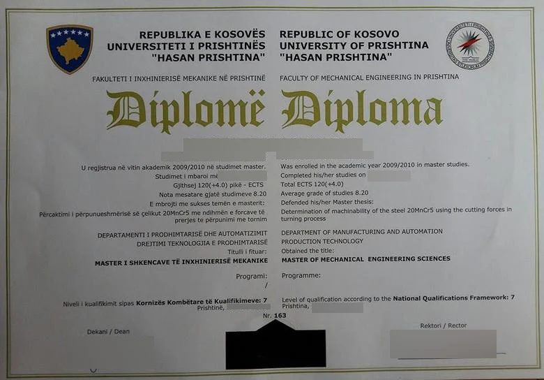 Diploma from Kosavo
