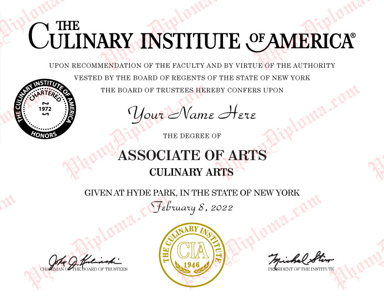 Culinary Certificate Diploma from PhonyDiploma Culinary Institute of America