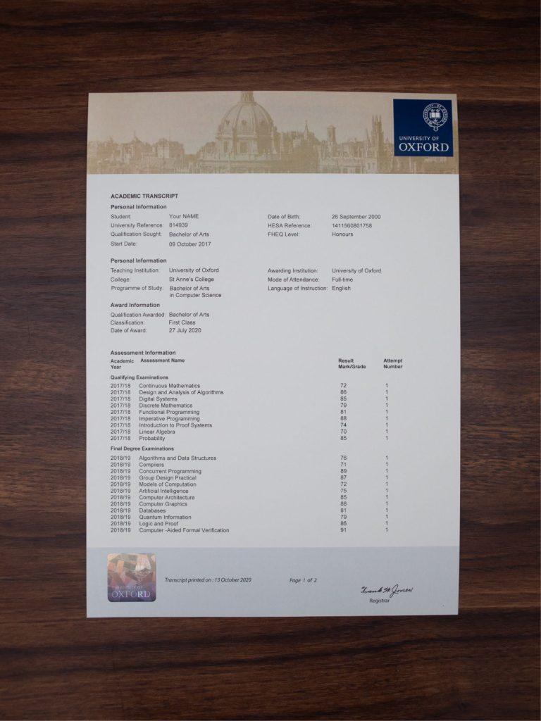 University of Oxford Transcript