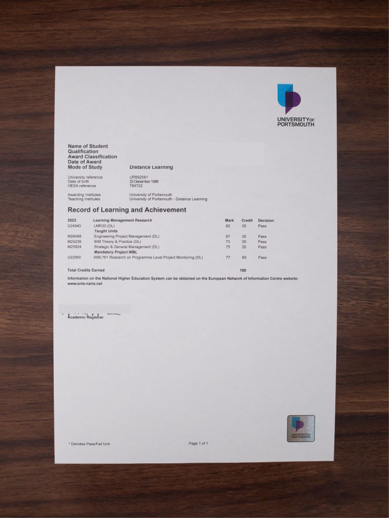University of Portsmouth Transcript