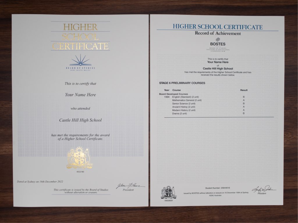 Australian Higher School Certificate + Transcript Bundle